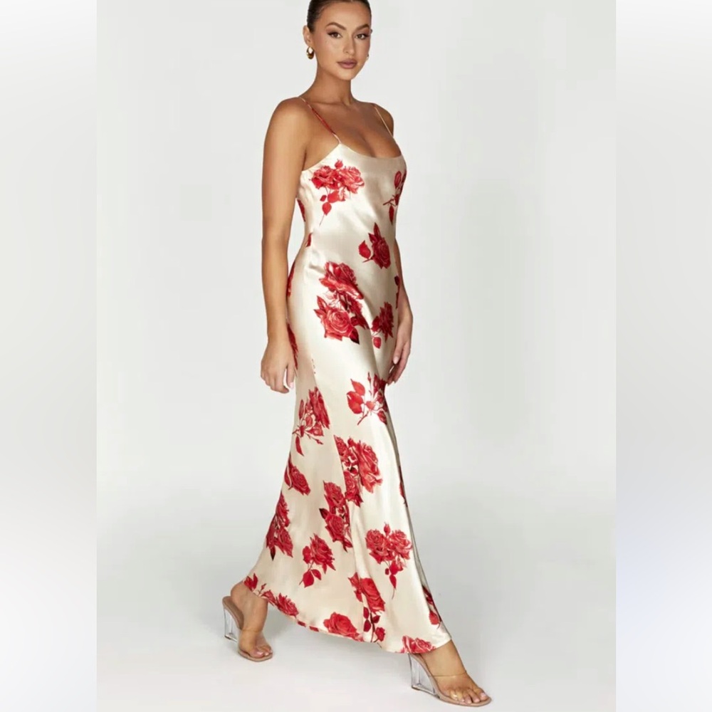 Meshki Cream Satin Maxi Dress with Red Floral Print
